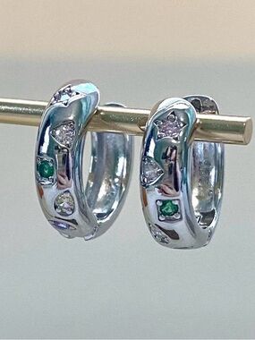Sterling Silver Hoop Earrings with Gem Accents